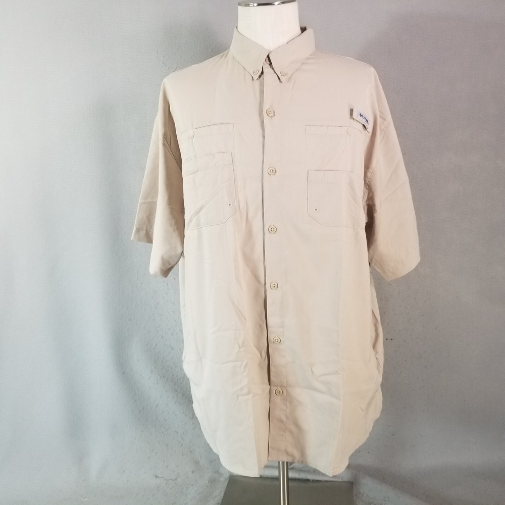Columbia Shirt Mens XL Beige PFG Omni-Shade Fishing Short Sleeve Vented Pockets